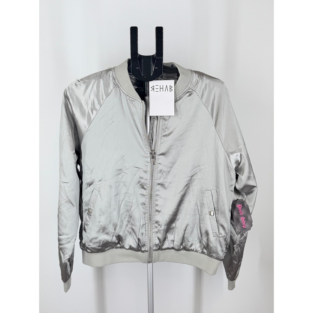Rehab Silver Satin Bomber Jacket Womens Medium Metallic Full Zip NWT